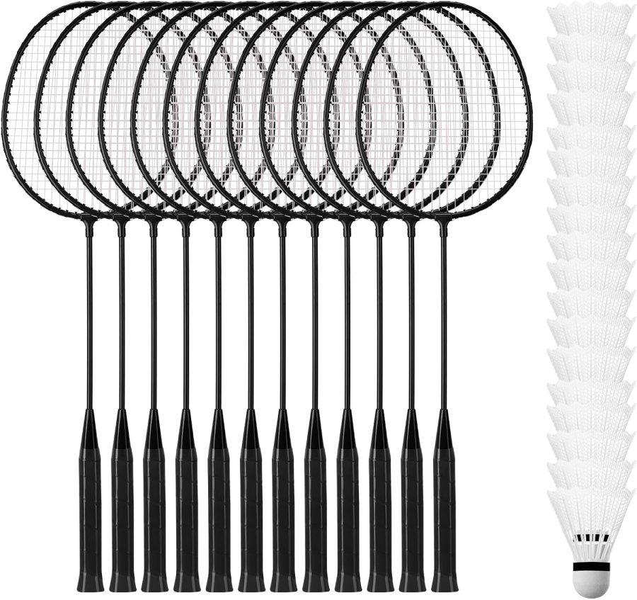 12 Pcs Badminton Rackets Bulk with 18 Nylon Badmintons, Shuttle Set for Adults Teenagers Youth Beginners Advanced Player Backyard Gym Beach Outdoor